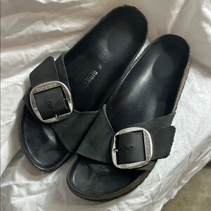 Birkenstock Big Buckle Black Oiled Madrid Slides with Silver Metallic